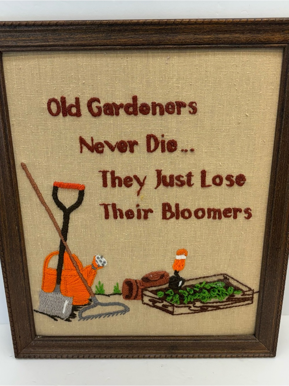 Vintage 1970’s Crewel Embroidery Framed Gardening Flowers Funny Retro 16x14”